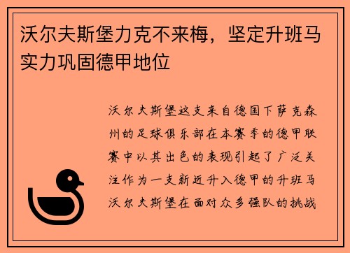 沃尔夫斯堡力克不来梅，坚定升班马实力巩固德甲地位