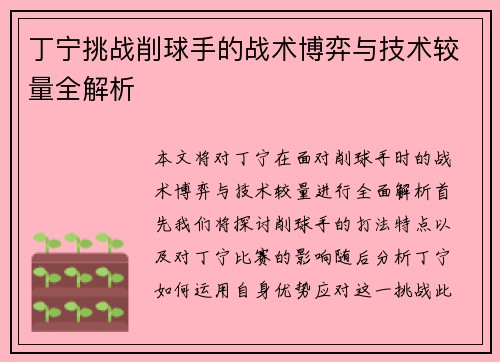 丁宁挑战削球手的战术博弈与技术较量全解析